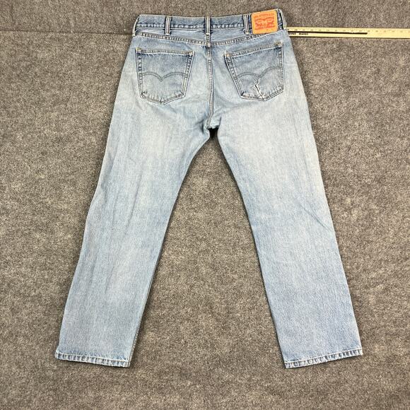 Levi's Light Wash Jeans Mens 38x32 Blue Distressed Straight Leg Casual Denim - Picture 9 of 11